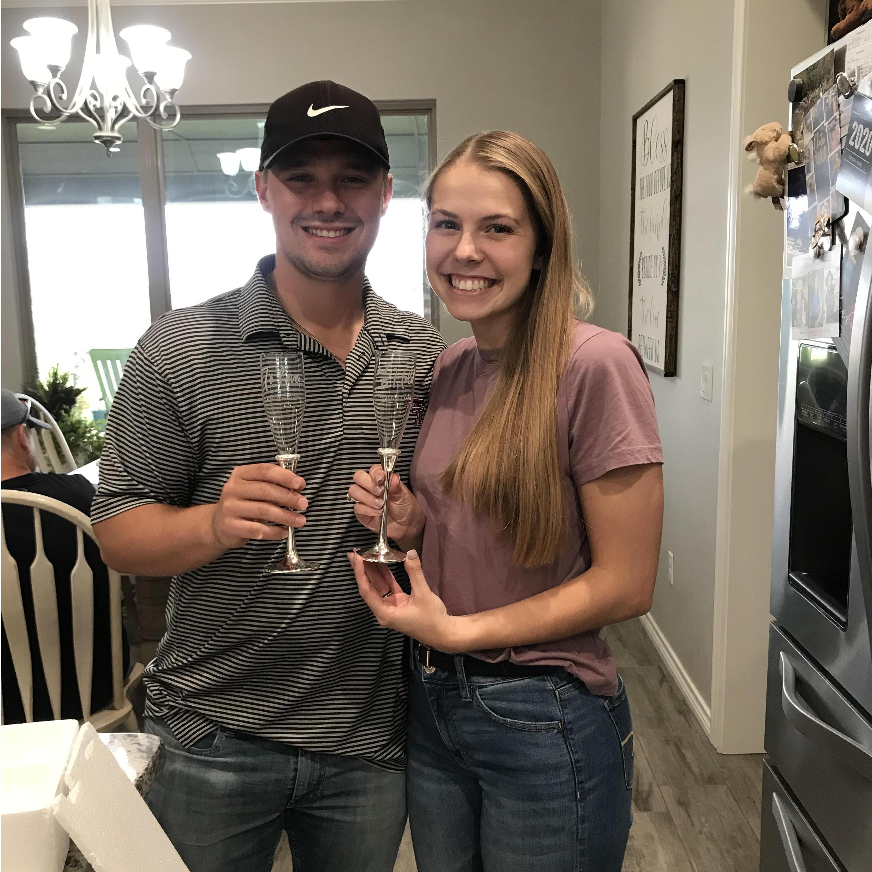 The sweetest wedding gift from Kristen's Mimi and Papa. Champagne glasses with our names engraved on them!