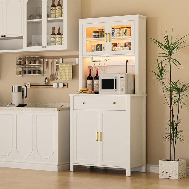 Yeyawomy 72" Pantry Cabinet for Kitchen with LED Light & Power Outlets, Microwave Stand with Storage, Kitchen Pantry with Microwave Shelf, White