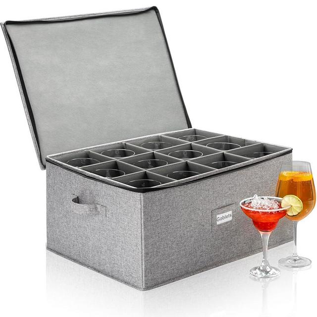 Hard Shell Goblets Storage Box with Dividers - 21"W x 15.5"D x 10"H - Stackable with Fully Padded Interior - Great for Cocktail and Wide Bar Glasses