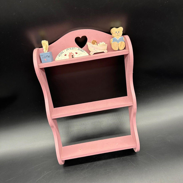 Vintage Pink Wooden Shelf Decor Heart Cutout Figurines Trinkets 1980s Retro