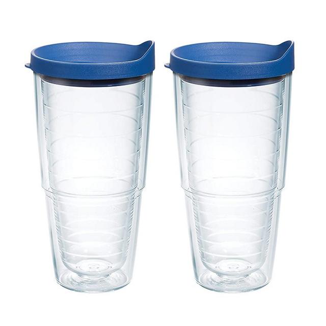 Tervis Made in USA Double Walled Clear & Colorful 24oz Lidded Insulated Tumbler Cup Keeps Drinks Cold & Hot, 24oz 2pk, Blue Lid