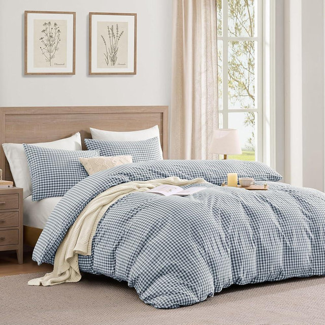 Andency Blue Gingham Duvet Cover King, 100% Wash Cotton Linen Like Textured Breathable Comforter Cover Set, 3 Piece Classic Yarn-Dyed Checkered Plaid Bedding Set, 104"*90"