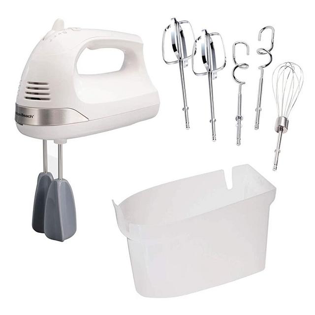 Hamilton Beach 6-Speed Electric Hand Mixer with Easy Clean Beaters, Snap-On Case, 7 Attachments Including Dough Hooks and Whisk, White (62636)