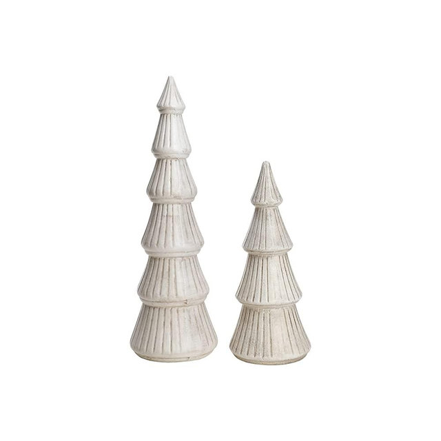 WONDROUS' DECO Wooden Christmas Tree Set, Rustic White Tabletop Christmas Pine Tree Figurine, Desktop Small Village Christmas Tree Miniature, for Xmas Holiday Table Centerpiece Decor, Unique Gift