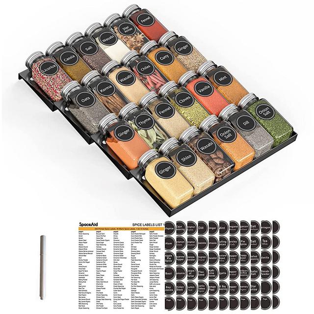 SpaceAid Spice Drawer Organizer with 24 Spice Jars, 386 Spice Labels and Chalk Marker, 4 Tier Seasoning Rack Tray Insert for Kitchen Drawers, 11.25" Wide x 17.5" Deep