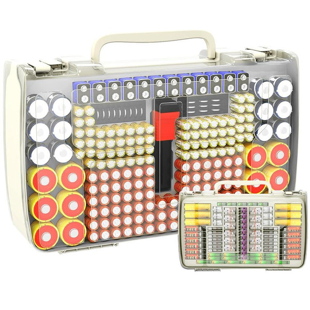 Aptbyte Battery Organizer Storage Holder Box Case with Tester- 269 Batteries Double-Sided Variety Pack, Holds AA AAA 4A C D Cell 9V 3V Lithium LR44 CR2 CR123 CR1632 18650 Button- White(Box Only)