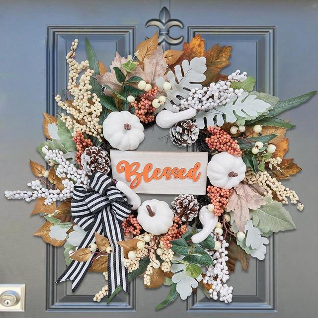 Fall Wreath for Front Door,Autumn Harvest Porch Decor,18 inch Blessed Fall Door Wreaths with White Pumpkin,thanksgving Farmhouse Decoration with Ribbon Bow for Indoor Outdoor, Front Door Wreaths