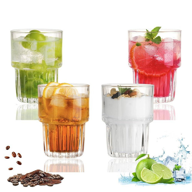 Scidea 11oz Drinking Glasses Set of 4, Juice Glasses Stackable Tall Glass Mugs for Tea Iced latte Coffee Glass, Beer Glasses, Cocktail Glasses,Water glasses for bar, restaurant