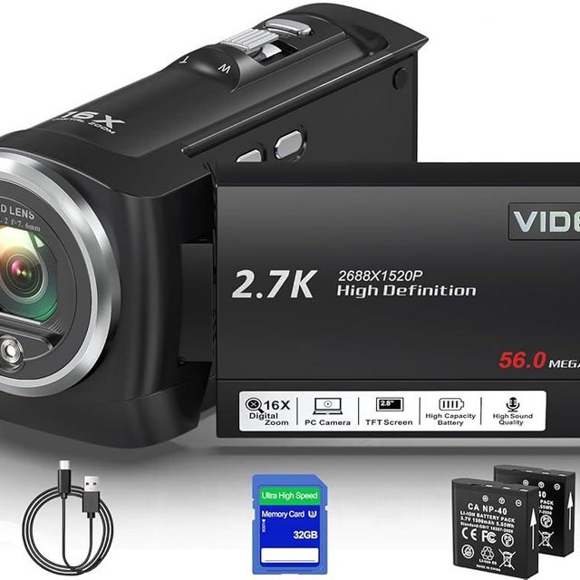 Fxmug Video Camera Camcorder, QHD 2.7K 56MP 16X Digital Vlogging Camera with LED Fill Light for YouTube, 2.8'' 270° Rotation Screen Camcorder Camera with 32GB Card and Two Batteries