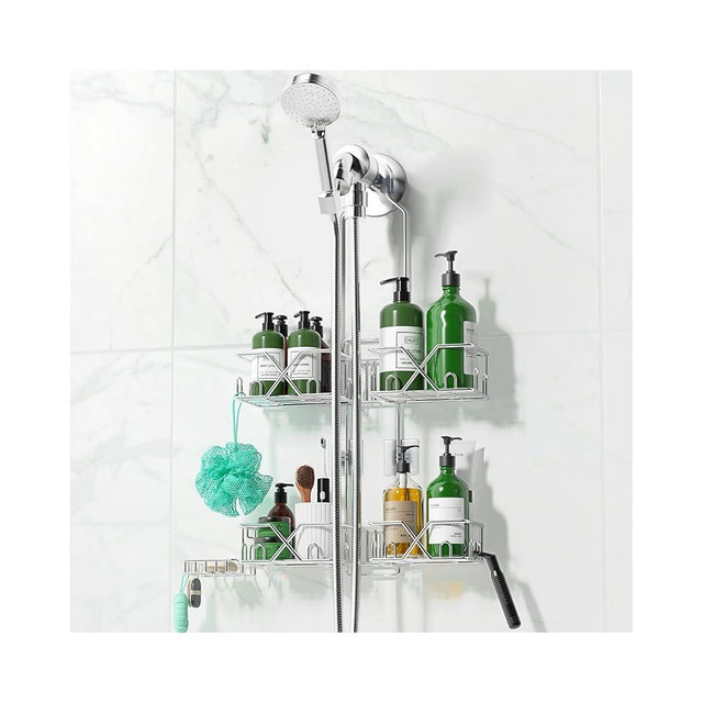 Sewulidon Stainless Steel Shower Caddy Hanging for Handheld Shower Heads,Rustproof Hose Shower Organizer Adjustable Length Shower Rack with 24 Hooks,Razor Holder,Soap Holder