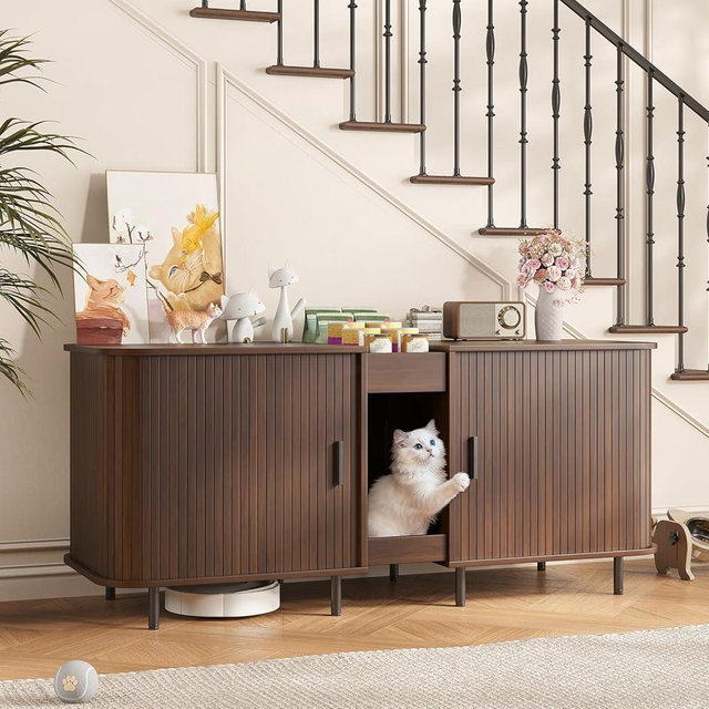 Halitaa Double Litter Box Enclosure for 2 Cats, 55" Litter Box Furniture Hidden with Cat Scratch Pad, Large Indoor Cat House with Double Room, Wooden Litter Box Cabinet, TV Stand, Walnut