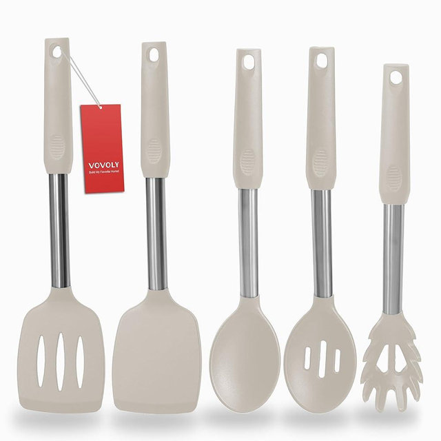 Silicone Spatula and Cooking Spoon,5 Pack Non-Stick Cooking Utensils for Kitchen，Heat Resistant Solid & Slotted Spoons and Spatulas, Stainless Steel Handle Coated with Silicone, Khaki