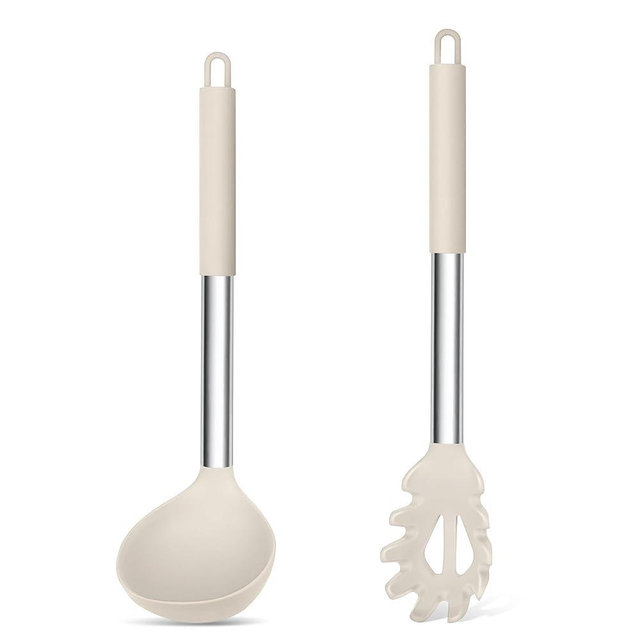 TeamFar Silicone Soup Ladle and Pasta Fork Set, 2 Pcs Large Nonstick Kitchen Cooking Utensils with Stainless Steel Handle for Draining, Serving Soup, Sauce, Spaghetti, Non-Toxic & Heat-Proof, Khaki