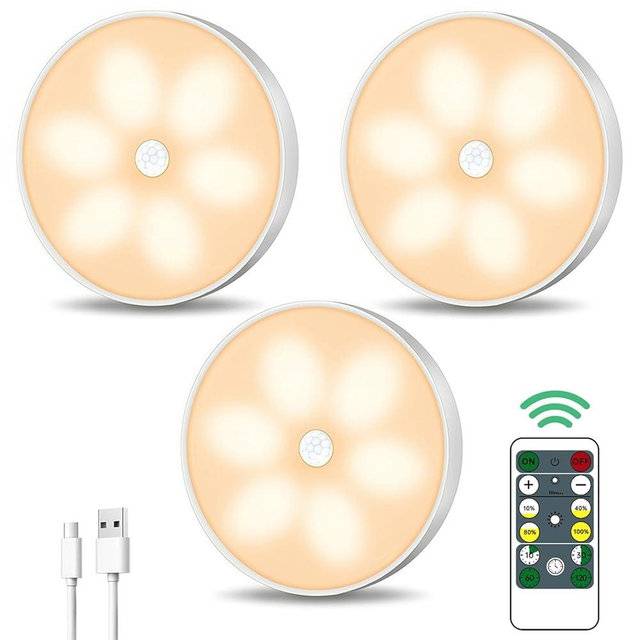 Warm Color LED Closet Lights Wireless Motion Sensor Puck Light, USB Rechargeable Battery Operated Puck Lights with Remote, Dimmable Under Cabinet Counter Lighting for Wardrobe Kitchen (3 Pack)
