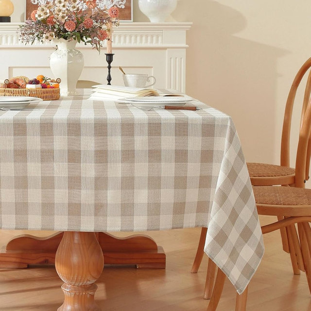 gillhov Checkered Tablecloth Rectangle Washable Buffalo Plaid Table Cloth Cotton Linen Gingham Table Cover for Picnic Kitchen Dining Room, Beige and White, 55 * 102