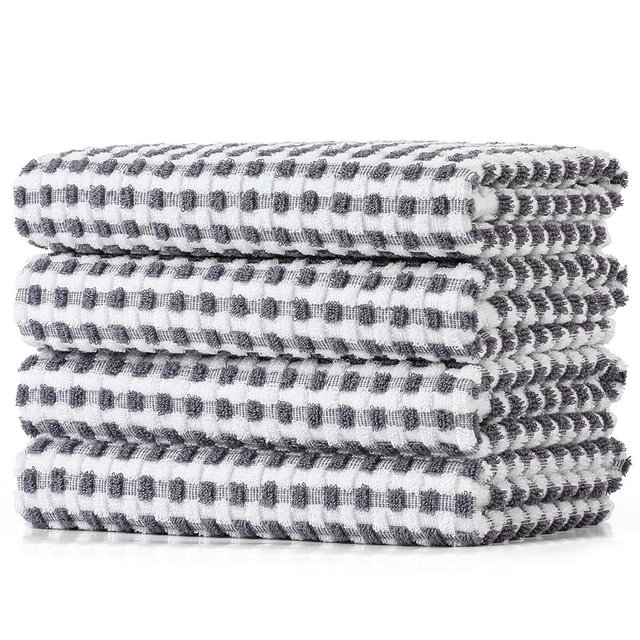 SALAS Cotton Dish Towels Cloths for Kitchen Drying Dishes, Lattice Terry Towels, Highly Absorbent Kitchen Cloths with Hanging Loop, 16‘’ x 26‘’, 4 Packs, Gray