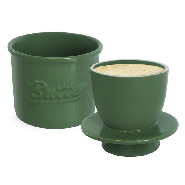 MSJGA Butter Crock for Counter with Water, French Butter Keeper for Spreadable Butter Ceramic Butter Dish with Lid for Countertop, Butter Container Holder, Home Kitchen Decor (Green, M)