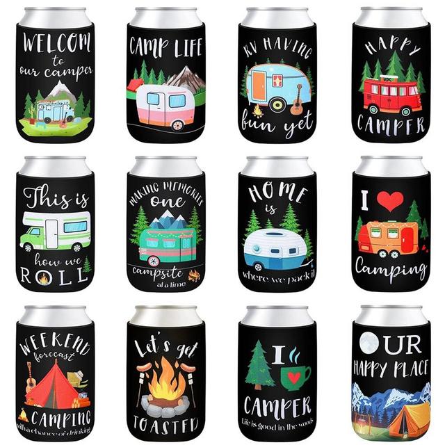 Raiten 12 Pcs Camping Can Sleeves One Happy Camper Can Sleeves Soda Can Beverage for Camping Picnic Outdoor Activities Supplies Camper Decoration Rv Decorations for Inside Camper