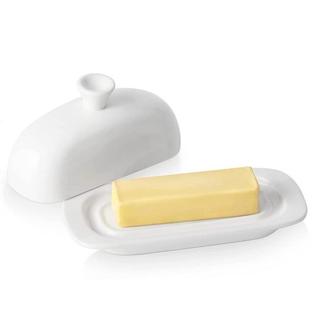 DOWAN Ceramic Butter Dish with Lid for Countertop, Butter Container with Knob Handle & No Slip Cover, Farmhouse White Butter Dish for East/West Coast Butter, Dishwasher Safe, White