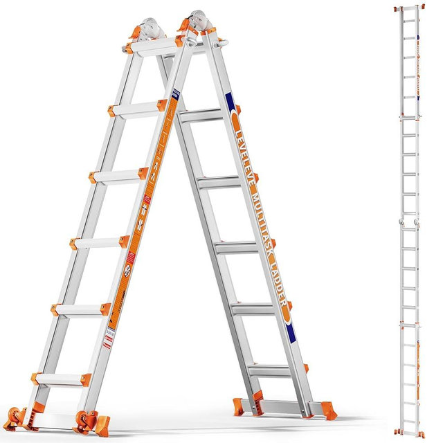 LEVELEVE Telescoping A Frame Ladder, 22FT Multi Position Ladder with Stabilizer Bar & Wheels,330 lbs Security Load for Stairs Home Indoor Outdoor Roof