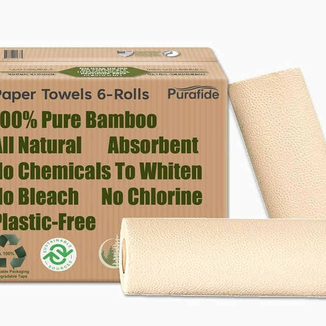 Purafide 100% Bamboo Paper Towels, Tree-Free, Chemical-Free, Lint-Free, Durable, Absorbent, Select-a-Size 2-Ply, 90 Sheets Per Roll. (PT 6 Rolls)