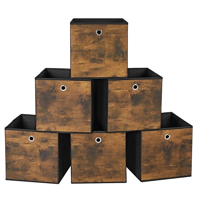 SONGMICS Foldable Storage Organizer Boxes, 11.8 x 11.8 x 11.8 Inches Storage Cubes, Set of 6 Clothes Organizer, Toy Bins, with Non-Woven Fabric, Oxford Fabric, Rustic Brown and Black URFB102B01