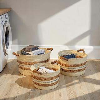 Handwoven Corded Paper & Cattail 3-Piece Basket Set with Handles