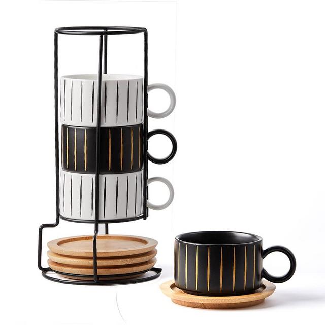 Porcelain Espresso Cup with Saucer and Metal Stand,LUKA 6 Ounce Stackable Ceramic Demitasse Espresso Mugs Cappuccino Cups Set for Latte,Coffee,Cafe Mocha,Tea(Set of 4)