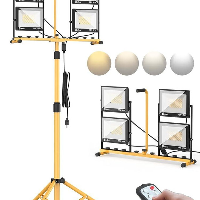 Szwbee 32000 Lumen LED Work Light with Stand & Remote, 4-Head 280W Portable Tripod Light with 16.5FT Cord, 3000K–6000K Adjustable, Waterproof Light for Indoor & Outdoor Job Site Workshop Construction