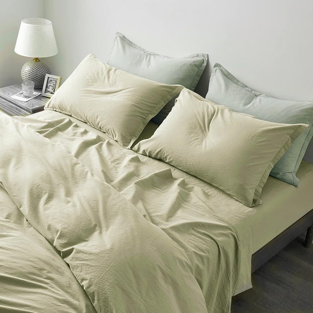 Eikei Washed Cotton Chambray Duvet Cover Solid Color Casual Modern Style Bedding Set Relaxed Soft Feel Natural Wrinkled Look (Sage, King)