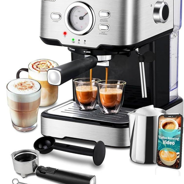 Gevi Espresso Coffee Machine,Espresso Machine with Steamer, Compact Semi Espresso Maker with Milk Frother for Home, Stainless Steel Cappuccino Machine for Cappuccino, Latte, 1100W