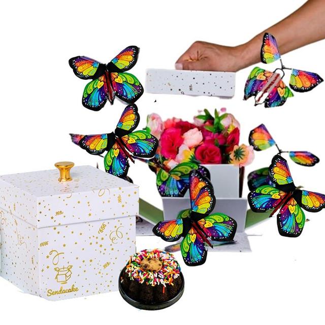 SendaCake Celebration Explosion Gift Box, Ready to Gift, No Assembly Required with Flying Butterflies, Flower Shower & 3" Chocolate Chip Mini Bundt Cake – Unique Birthday Gift for Women, Men, Sister, Mom, Dad, Best Friend, Adults, Kids - Birthdays, Weddings, Anniversaries