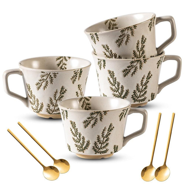Noevany Coffee Mugs Set of 4 with Gold Spoon, 11 oz Porcelain Mug, Ceramic Tea Cups with Handle for Men Women, Hand-painted Mug Gift Set, Housewarming Wedding Gift, Dishwasher Microwave Safe