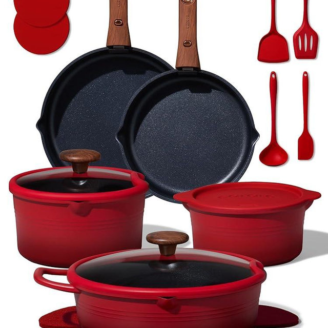 CAROTE 20Pcs Titanium Cookware Set, Pots and Pans Set Non Stick, Kitchen Cooking Set with Detachable Handle, Non Toxic Induction Cookware - Camping Cookware, Dishwasher/Oven Safe, Red