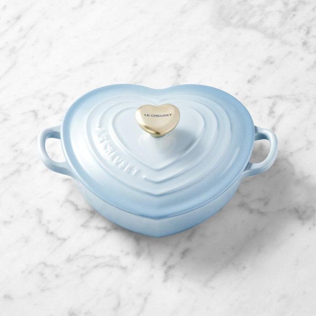 Le Creuset Enameled Cast Iron Shallow Heart Oven, 1 1/4-Qt., Coastal Blue w/ Gold Knob