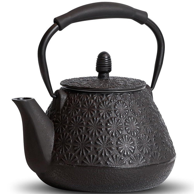MILVBUSISS Cast Iron Teapot, 32oz Japanese Sakura Blossom Pattern Tea Kettle, Stovetop Safe, Infuser for Loose Leaf & Coffee, Silicone Handle, Enamel Interior, 950ml Black
