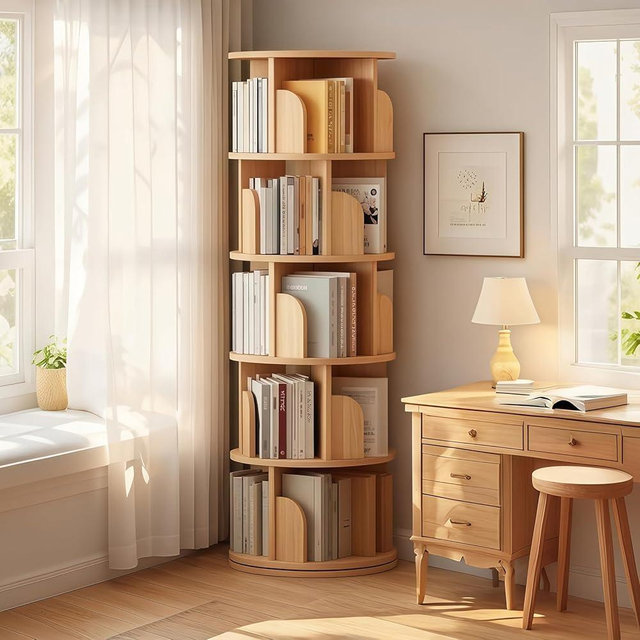 LKTART 5 Tier Rotating Bookshelf, 360° Spinning Book Shelf Tower, Space-Saving, Narrow Rolling Bookshelves for Small Space, Corner, Bedroom, Office, Natural