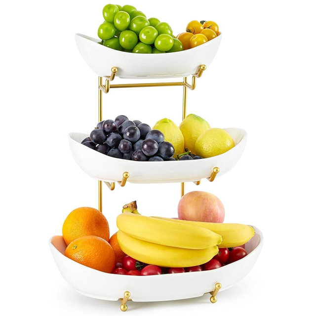 HOMKULA Ceramic Fruit Bowl for Kitchen Counter - 3 Tier Fruit Basket with Metal Stand, Tiered Fruit Stand for Countertop, Snack, Nuts, Cake, Dessert, Cute (Gold, Large)