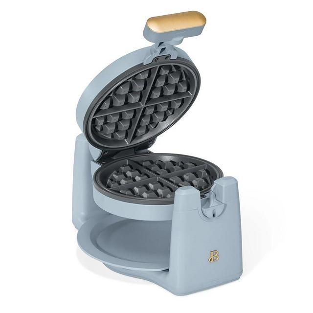 Beautiful Rotating Belgian Waffle Maker with 7 Browning Settings, Nonstick, Dishwasher-Safe Parts, 1000W Power, Foldable Handle for Easy Storage by Drew Barrymore (Cornflower Blue)