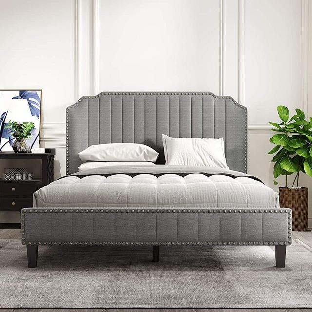 Tmosi Queen Size Upholstered Platform Bed Frames with Headboard,Modern Linen Curved Bedroom Furniture with Wood Slat Support,No Box Spring Needed,Nailhead Trim(Grey)