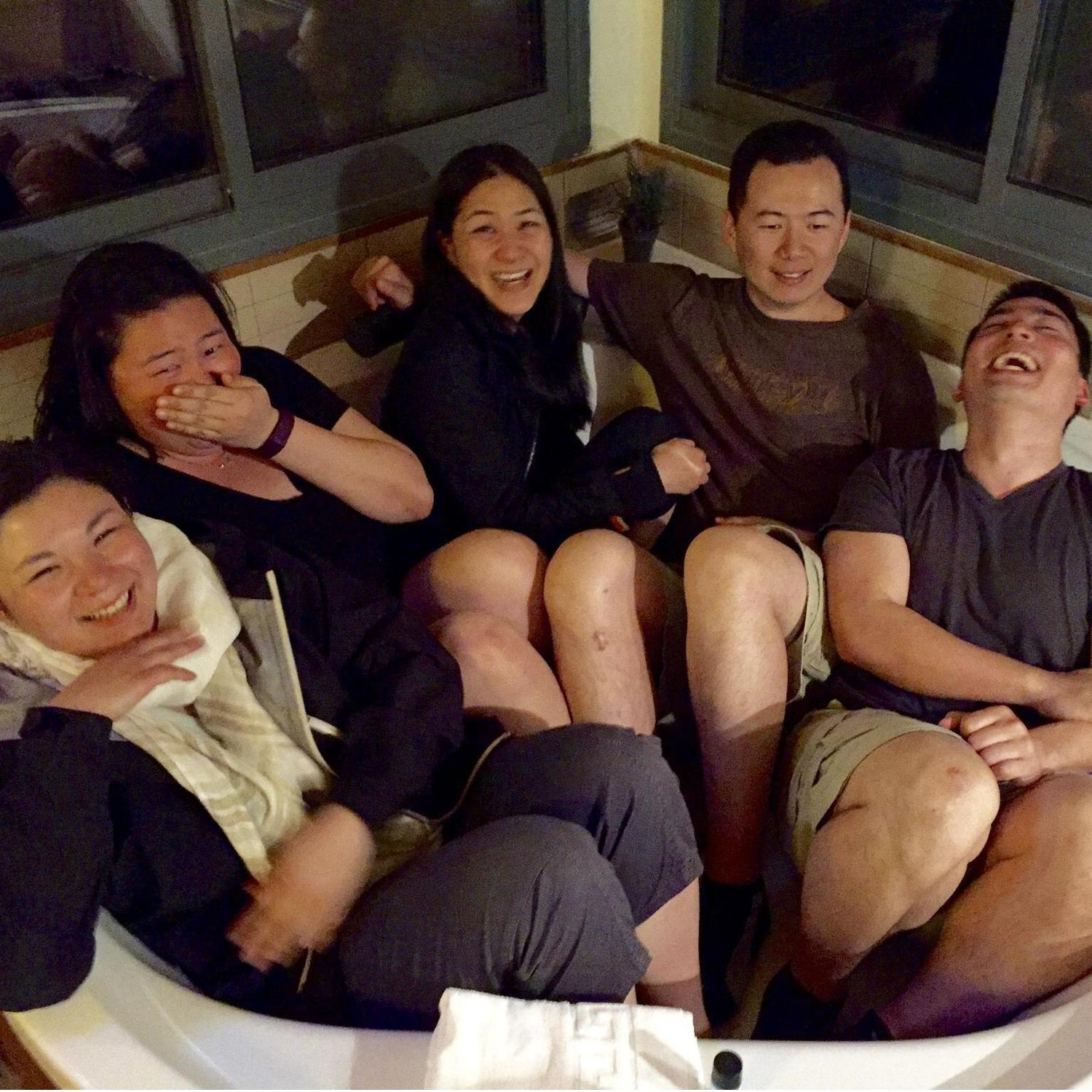 One of the few first photos of us hanging out. In response to how many people can fit in the hot tub, we all jumped in.
