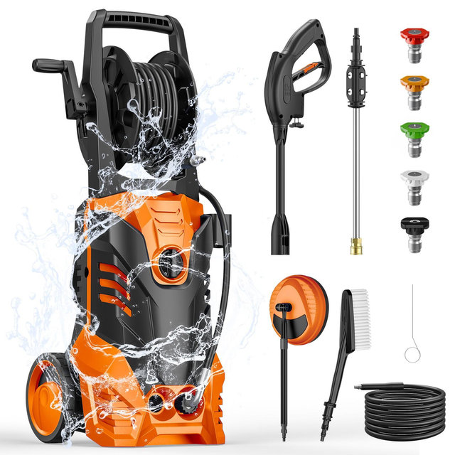 SUGIFT 3500 PSI Electric Pressure Washer, 5 Quick-Connect Nozzles, Built-in Hose Reel, Safe & Portable for Driveways, Cars, and More