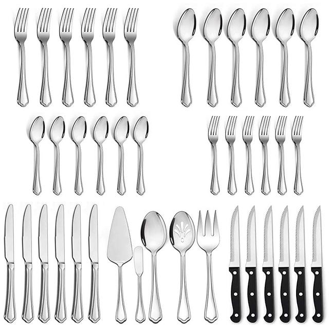 LIANYU 41-Piece Silverware Flatware Set for 6, Plus Steak Knives and Serving Utensils, Stainless Steel Flatware Cutlery Set, Eating Utensils Tableware with Scalloped Edge, Dishwasher Safe