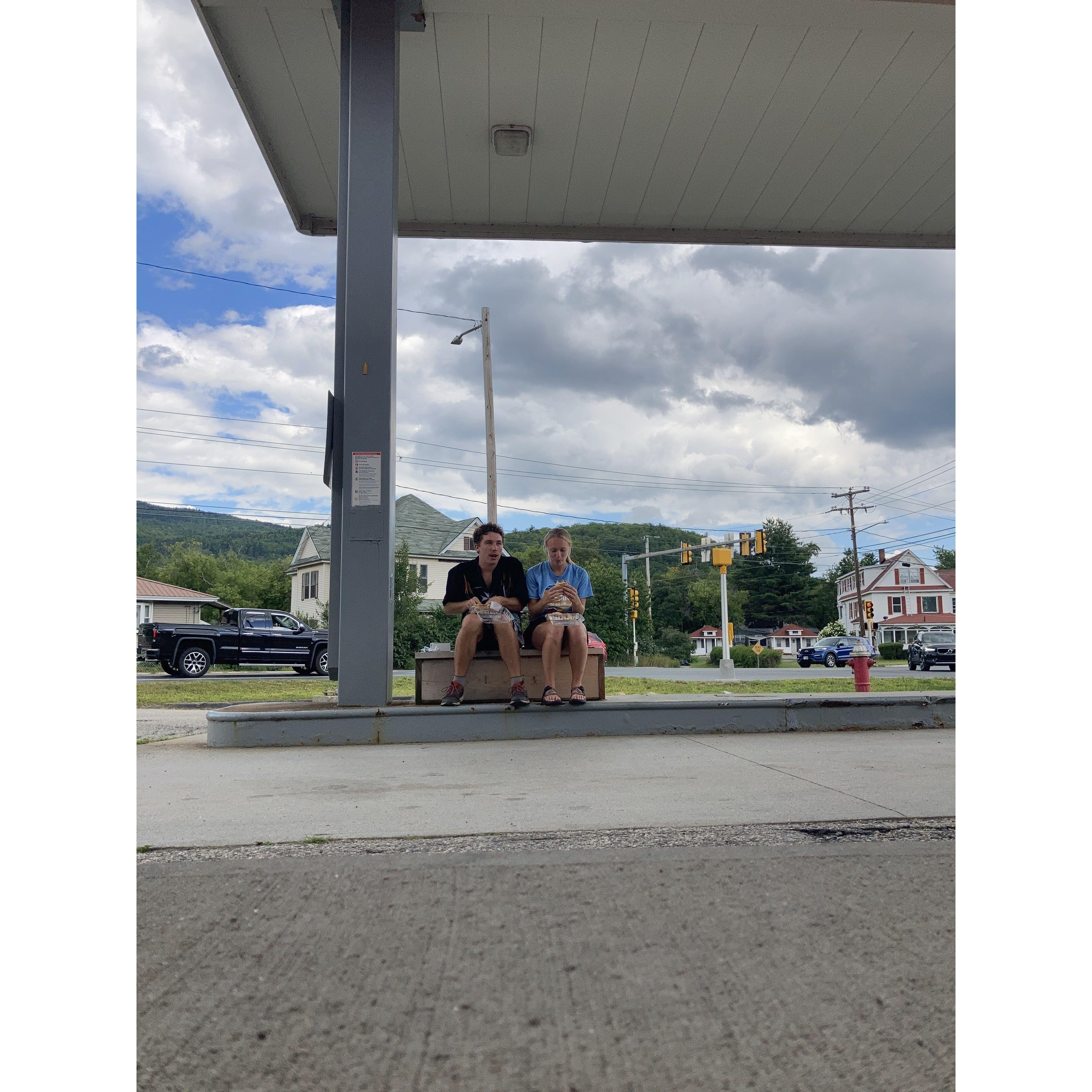 Munching on some sandwiches from a converted gas station in Gorham, NH. After one of the more grueling hikes Chris has ever put me through