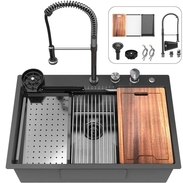 33x22 inch Waterfall Kitchen Sink Metal Black -Feibus 33inch Drop In Sink with Faucet Combo Double Step Workstation16 Gauge Multifunctional Stainless Steel Single Bowl