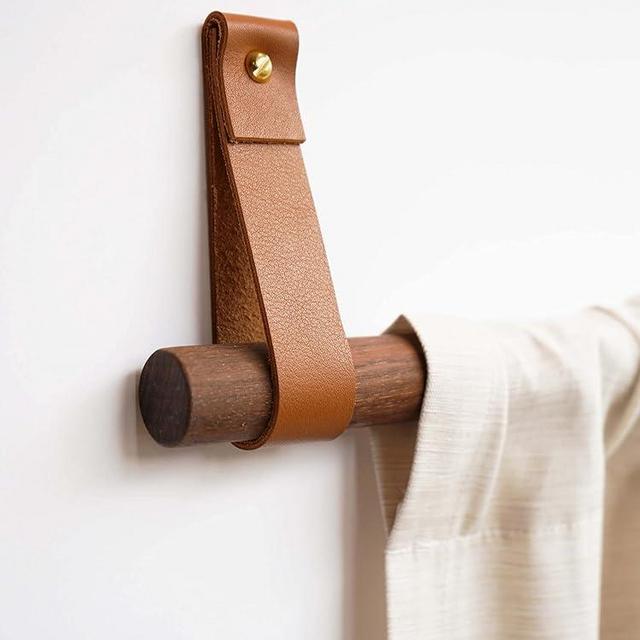 KEYAIIRA - Curtain rod holder leather curtain rod bracket holders leather loop strap for wall boho pole hanger wall blanket display farm house style - 2 PK (NICOTINE)