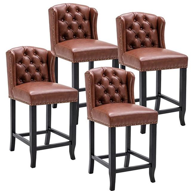 LukeAlon Modern 26" PU Leather Counter Height Stools Set of 4, Upholstered Button Tufted Counter Stools with Wood Legs Wingback Low Bar Chairs with Nailhead Trim for Kitchen Home Bar, Brown