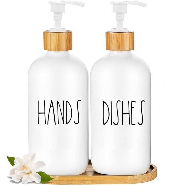 Arktek Glass Soap Dispenser Set with Tray, 2 Pack Hand and Dish Soap Dispenser Set for Bathroom and Kitchen Bottle Dispenser with Dish Soap, Hand Soap, Lotion 17 Oz (2 White)