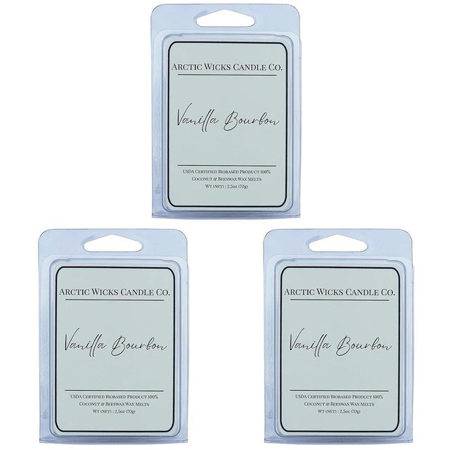 Vanilla Bourbon Wax Melts (Pack of 3) | Arctic Wicks Coconut and Beeswax Wax Melt Tarts | 6 Cubes Per 2.5oz Pack | Premium Scented Wax for Wax Warmers and Tarts | Non Toxic USDA Biobased