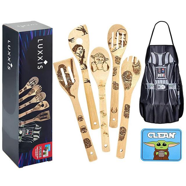 Luxxis Star Wars Gifts Cooking Utensils 7PC Set - 5X Organic Bamboo Spoons, 1X Kitchen Star Wars Apron and 1X Dishwasher Magnet – Premium Cookware Darth Vader Apron – Double-Sided Magnet Stickers
